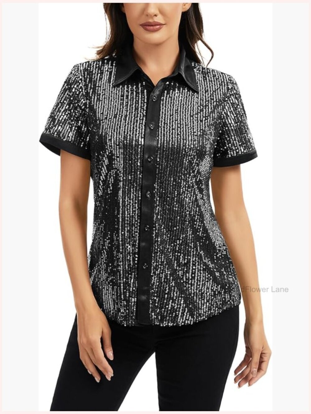Sequin Short Sleeve Button Down Shirt Casual Sparkly Tunic Top
